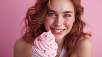 AI generated The beautiful girl has a big pink ice cream photo