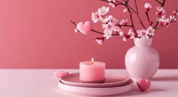 AI generated pink candle and plate on pink background, heart shaped plates in vase photo