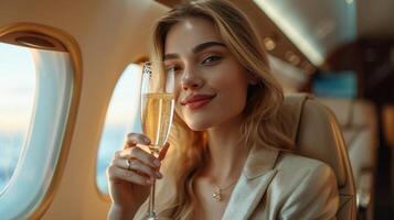 ai generado hermosa mujer de negocios bebidas champán en negocio clase de un avión foto