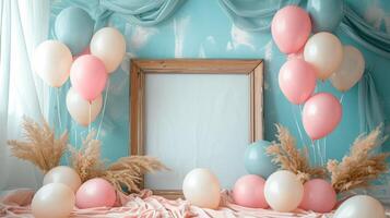 AI generated A serene celebration setup with a wooden frame and clusters of delicate, pastel balloons photo