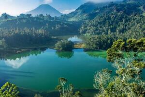 High angle scenery of lake surrounded by mountains and forest. Green color lake with reflection of trees in Dieng Plateau, Indonesia photo