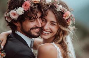 ai generado un Pareja y flores coronas sonriente juntos foto