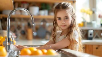 ai generado niña 12 años antiguo lavados platos en un brillante moderno cocina foto