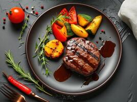 AI generated a steak in a plate with vegetables, cutlery, and sauce photo