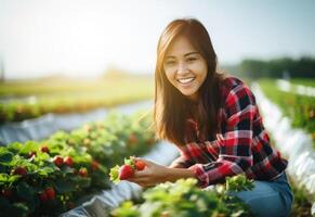 ai generado un mujer es cosecha fresas en el campo, alegre y optimista foto