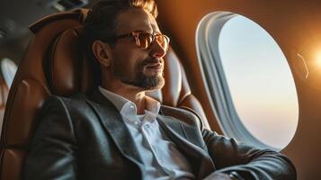 AI generated elegant business man sitting in luxury business jet photo