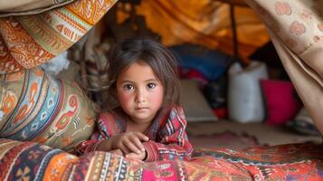 AI generated A little girl plays with dolls in a makeshift hut made of pillows and blankets photo