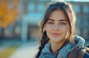 ai generado hermosa estudiante mujer caminando con su mochila estudiante foto