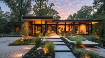 AI generated beautiful evening lighting of a modern cottage with landscape design photo