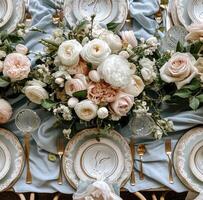 AI generated easter table setting with blue and white table cloths and centerpieces photo