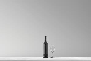 ai generado un botella de vino y vaso en pie en un blanco superficie foto