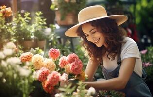 ai generado mujer en sombrero, jardinería en el jardín a hacer ramo de flores foto