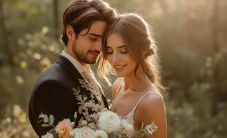 ai generado un novia y novio abrazando en el bosque, sencillo y elegante estilo foto