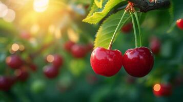 AI generated Beautiful juicy ripe cherry hang on a branch in the summer garden photo