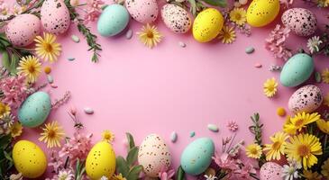 ai generado Pascua de Resurrección huevos arreglado alrededor un rosado antecedentes foto