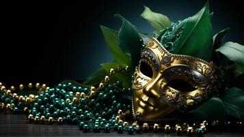 ai generado elegante dorado mardi gras máscara con verde rosario y plumas foto