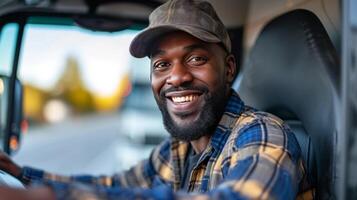 ai generado alegre africano americano conductor saliendo camión y frente a cámara foto