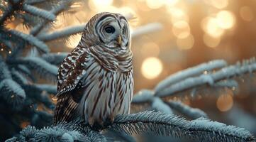 AI generated a spruce barred owl is perched on a pine tree branch photo