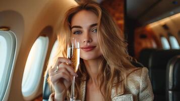 ai generado hermosa mujer de negocios bebidas champán en negocio clase de un avión foto