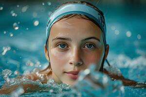 ai generado un niña en un nadando gorra nada en un azul piscina foto