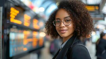 AI generated A Content Businesswoman Poses Confidently in Front of a Train Station Information Board photo