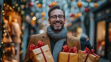 AI generated A Business Man Delights in Shopping for Gifts at the Mall photo