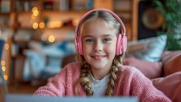 ai generado sonriente niña con auriculares utilizando un ordenador portátil foto