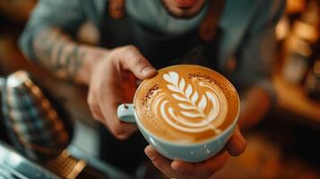 ai generado un joven hermoso barista en un café tienda hace un hermosa capuchino con un modelo de un hoja forma foto