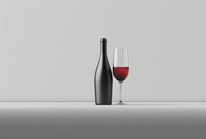 ai generado un botella de vino y vaso en pie en un blanco superficie foto