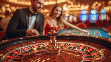 ai generado un joven Pareja obras de teatro ruleta en un casino. un hombre es vestido en un negro traje, un mujer es vestido en un rojo satín vestir foto