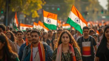 AI generated A group of people walk down the street with Indian flags photo