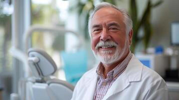 AI generated A Happy Senior Man Poses for the Camera at the Dentist's Office photo