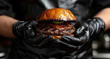 AI generated grilled hamburger in a black disposable glove photo