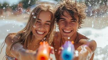 ai generado joven hermosa Pareja teniendo divertido jugando con agua pistolas foto