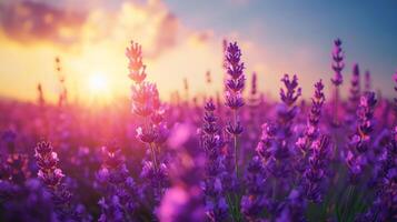 AI generated Beautiful natural background with lavender field and blue sky large copyspace area with copy space for text photo