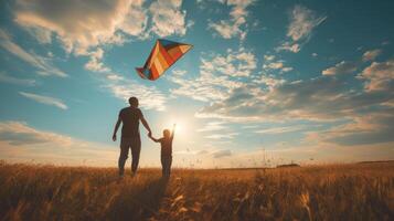 AI generated A boy and his dad launch a multi-colored kite into the sky on a field on a sunny summer day photo