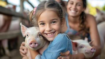 AI generated A girl with her parents in a pen with mini pigs at the zoo photo