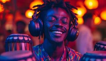 ai generado djembés en auriculares sonriente mientras escuchando a música foto