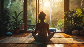 ai generado un persona practicando yoga en su sereno hogar estudio, hallazgo interior paz foto