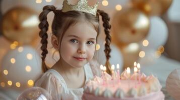 ai generado niña en princesa corona con dos coletas se sienta cerca un grande rosado pastel con 5 5 velas foto