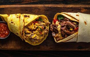 AI generated chicken and beef wraps on a board, dark yellow and red, villagecore photo