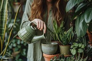 ai generado un mujer usos un agua lanzador a limpiar su plantas foto