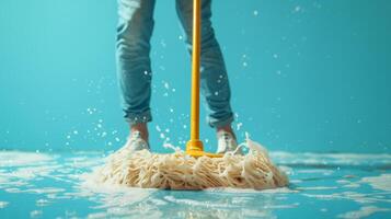 AI generated A person pretending to surf on a mop, infusing humor into household tasks photo
