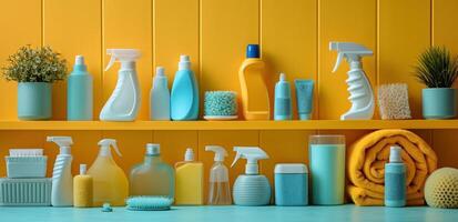 AI generated cleaning supplies on yellow wall photo