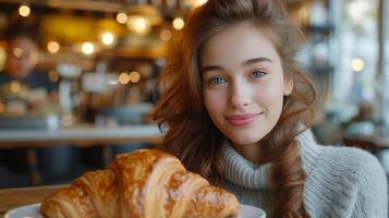 ai generado joven hermosa niña comiendo un grande cuerno en un parisino café foto