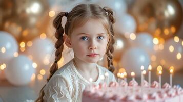 AI generated a 5-year-old girl with two pigtails sits near a large pink cake with 5 candles photo