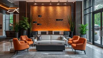 AI generated Modern Hotel Lobby with Orange Accent Chairs photo