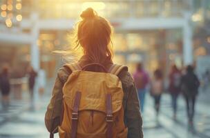 ai generado estudiante niña con mochila estudiante foto