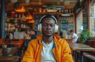 AI generated man in headphones in a cafe with white shirt listening to music photo