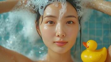 AI generated Young beautiful Asian woman washes her hair in the shower photo